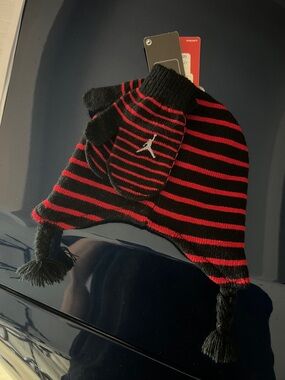 Jordan Red and Black Striped Knit Earflap Hat with Mittens 2/4t